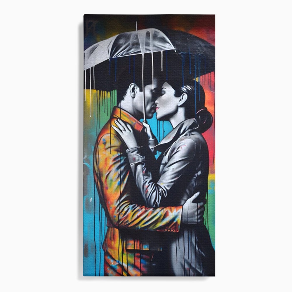 Tablou canvas cu tablou cuplu sub umbrela, fara rama, pe sasiu de lemn